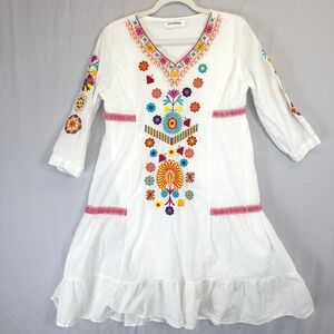 Shineflow White Embroidered Floral V Neck Bohemian Tunic Dress Size M